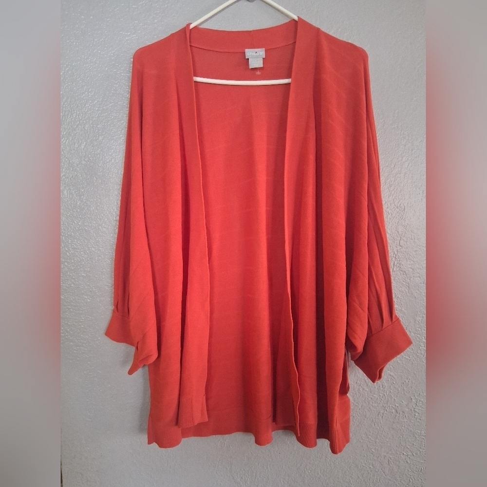 Chico's NWT Faux Pleat Cardigan Orange Spice Textured Baloon Sleeve 3/XL